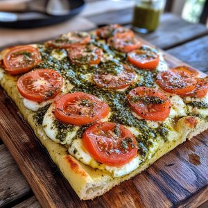 🍕🌿 Focaccia z pesto, mozzarellą i suszonymi pomidorami 🍅✨