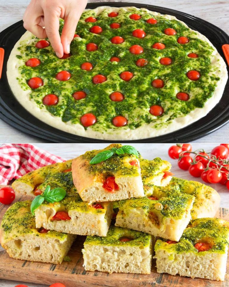 “Domowa focaccia z pesto i pomidorkami – aromatyczna włoska uczta”