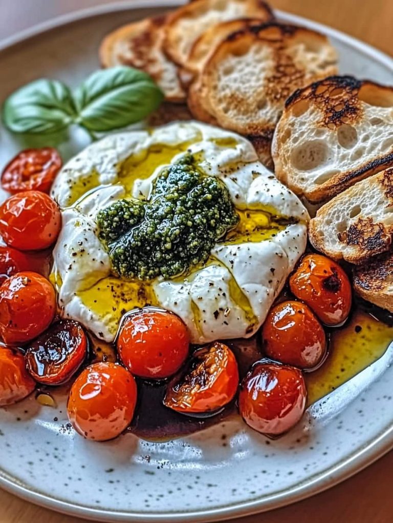 Bruschetta z burratą, pomidorkami koktajlowymi i świeżą bazylią
