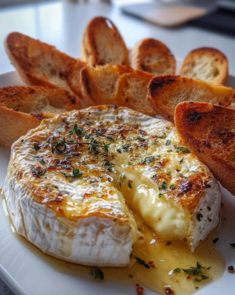 Pieczony Camembert doprawiony miodem i tymiankiem z grillowanymi paluszkami bagietkowymi