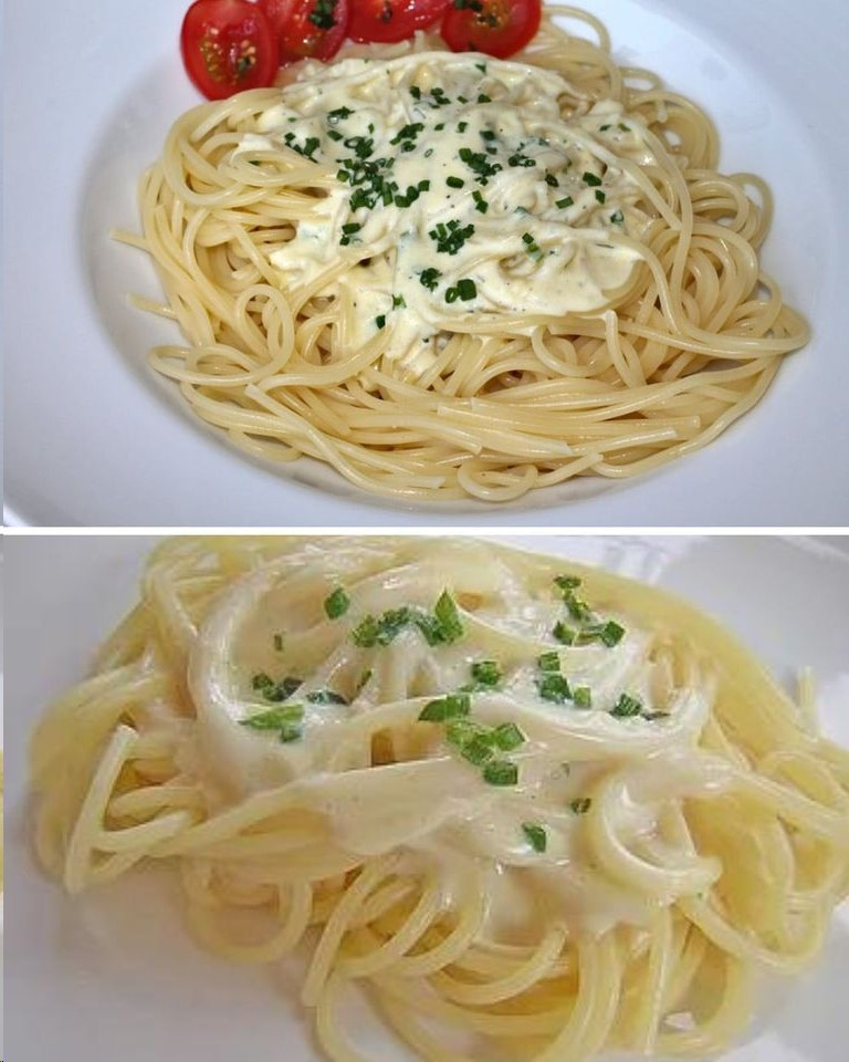 Spaghetti z sosem serowo-czosnkowym