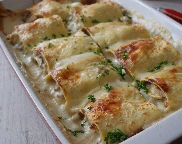 Roladki lasagne z szynką i grzybami